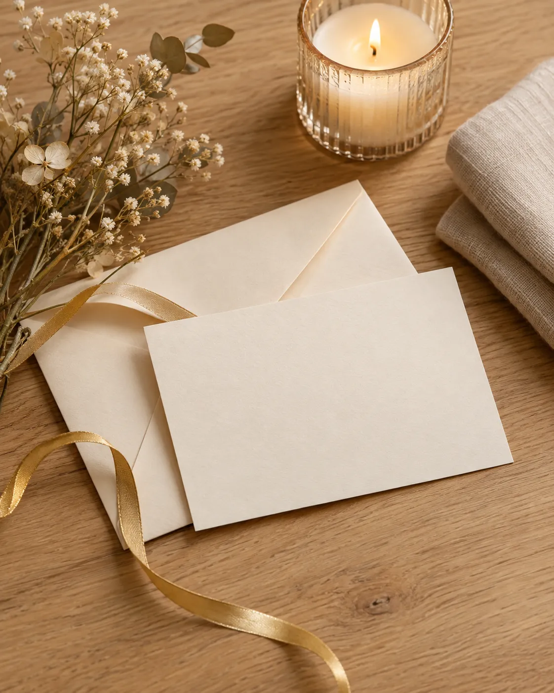 Illustration : carte cadeau crème dans son enveloppe, ruban doré et bougie